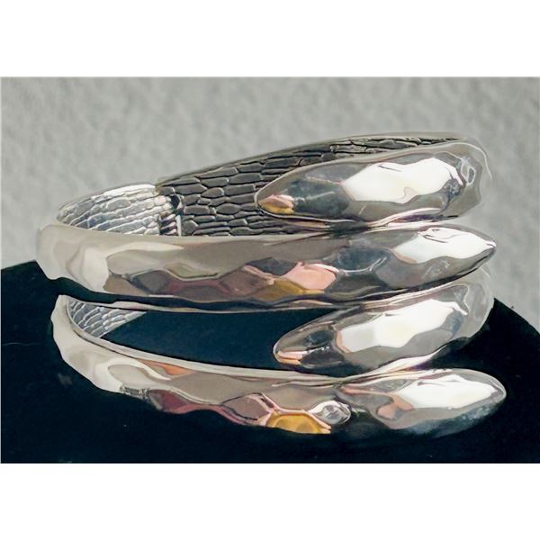 Heavy Hammered Sterling Silver Coil Cuff Bracelet – 63.93g, Marked 925