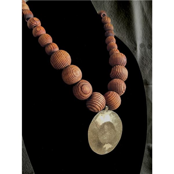 Vintage Signed Artisan Brass & Wood Necklace – Hand-Hammered, Marked “cam[x=#8221/