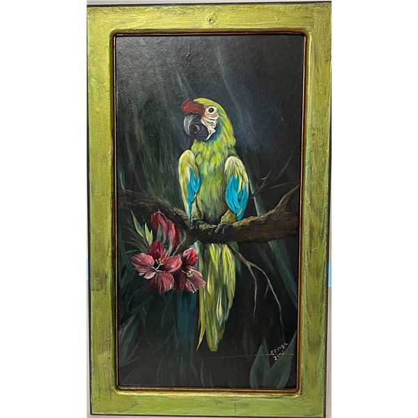 Framed Painting on Board – Parrot with Tropical Flowers