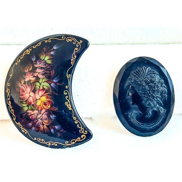 Vintage Russian Hand-Painted Lacquer Floral Brooch & Czech Black Glass Cameo Mourning Pin