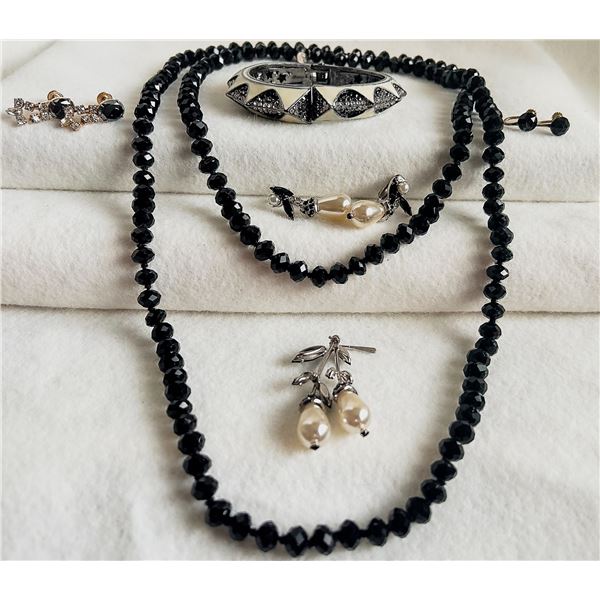 Vintage Black Crystal Necklace, Enamel Bangle, Pearl/rhinestone Brooch & Earrings, + Rhinestone Earr