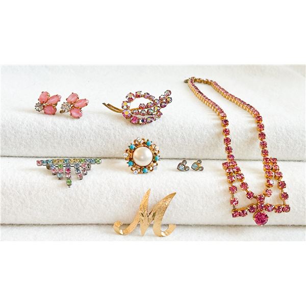 Vintage Rhinestone Jewelry Lot – Made in Germany Aurora Borealis Brooch, Pink Rhinestone Ne