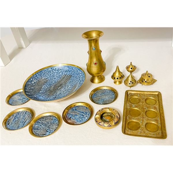 Vintage Brass Lot – German Enamel Bowl & Coasters, Jeweled Vase, Brass Incense Burners, Orn