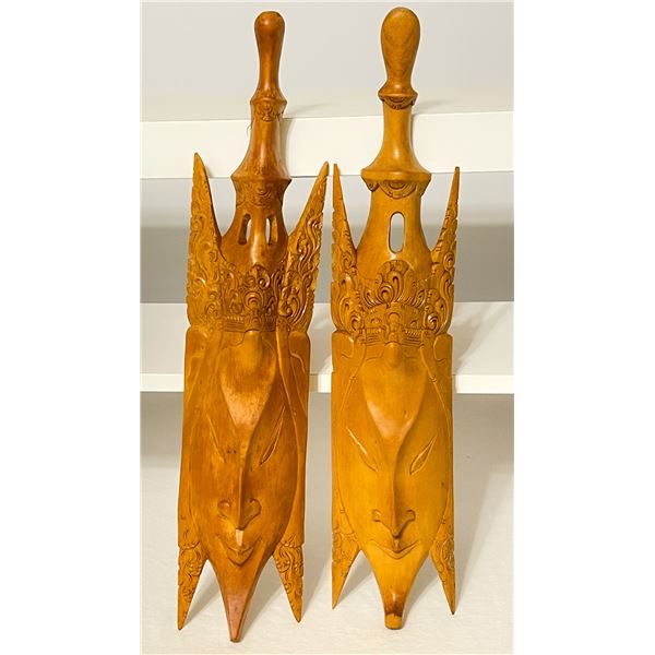 Pair of Large Thai/Balinese Hand-Carved Wooden Masks – 22” Ornate Wall Hangings