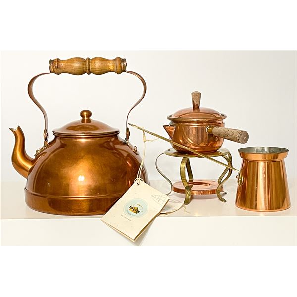 Lot of Vintage Copper Tagus Portugal Copper Kettle, Coffee Pot, and Chocolate/Butter Warmer