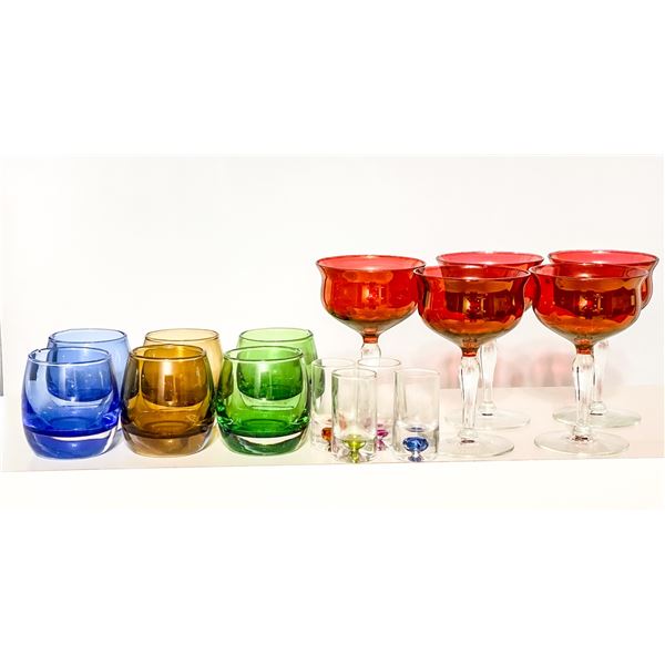 Vintage Colored Glass Barware – Ruby Red Iridescent Coupes, Heavy Lowball Glasses, and Bubb