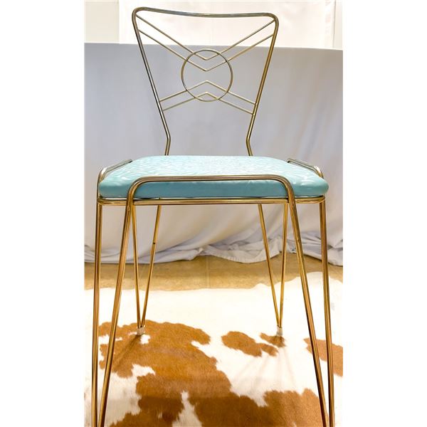 Vintage Mid-Century Vanity Chair – Brass Hairpin Legs, Turquoise Vinyl Seat