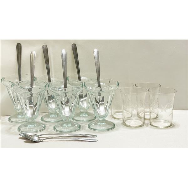 Vintage Ice Cream Sundae Glass Set with Long Spoons & Etched Glasses