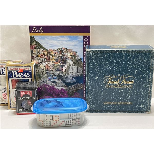 Vintage Game & Puzzle Lot – Trivial Pursuit, Poker Chips, Dominoes & Italy 1000-Piece Puzzl