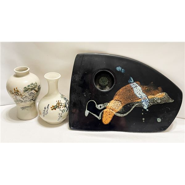 Pair of Signed Japanese Kyoto Ware Hand-Painted Vases & Modern Studio 55 Ikebana Pottery Centerpiece