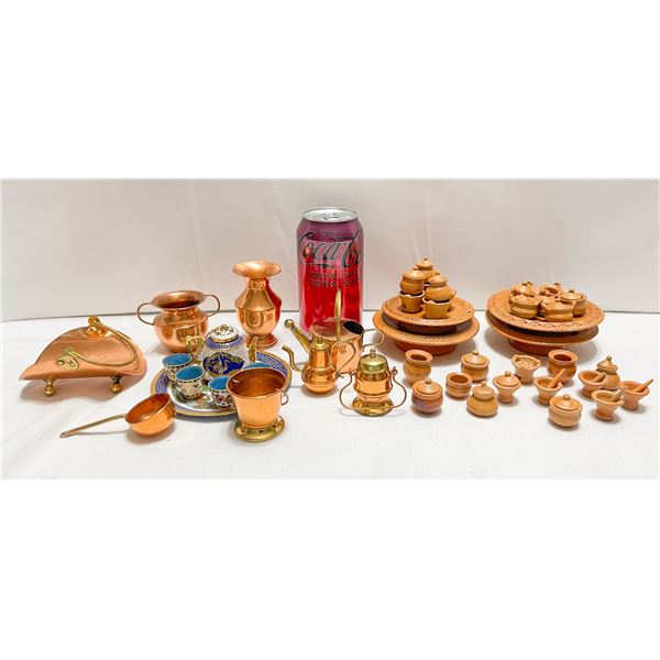 Large Lot of Vintage Miniatures – Portuguese Copper, Handcrafted Pottery & Enameled Tea Set