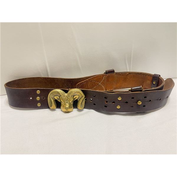 Vintage Leather Sam Browne Belt with Brass Ram Head Buckle – Military Officer Style