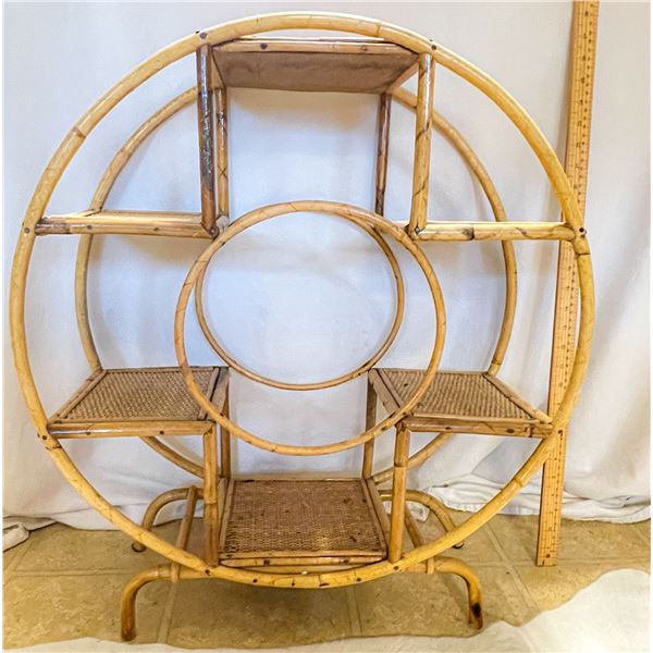 Vintage Rattan Circle Plant Stand / Display Shelf – Mid-Century Boho Bamboo Cane Étagère