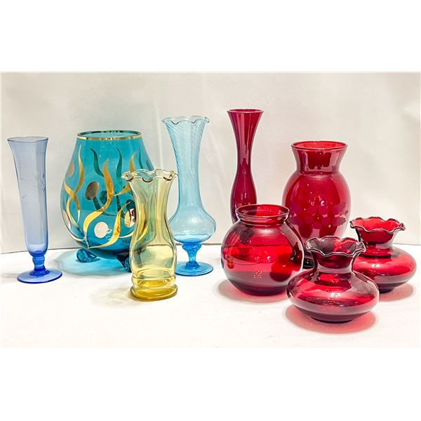 Murano / Empoli Style Turquoise Gold Art Glass Vase & Collection of Ruby Red, Amber, Blue Vases
