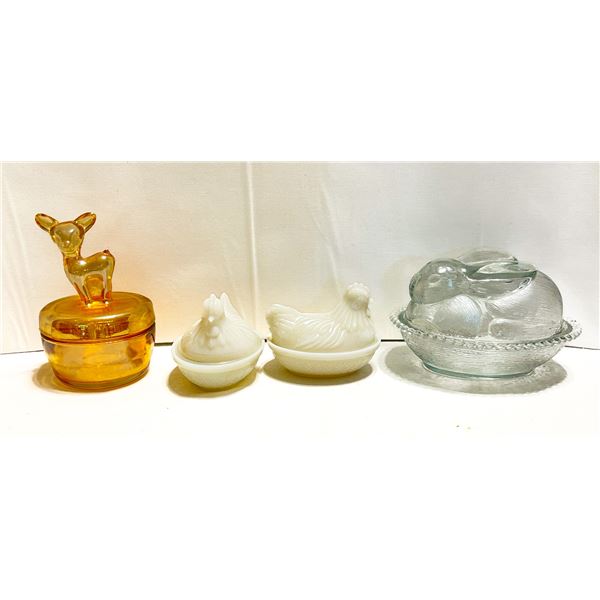 Vintage Glass Animal Covered Dishes – Amber Carnival Glass Deer Jar, Milk Glass Hen-on-Nest