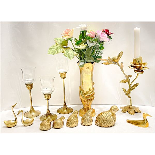 Large Brass Decor Lot – Bird & Flower Candleholder, Hand Vase, Partridge Family, Swans, Hur