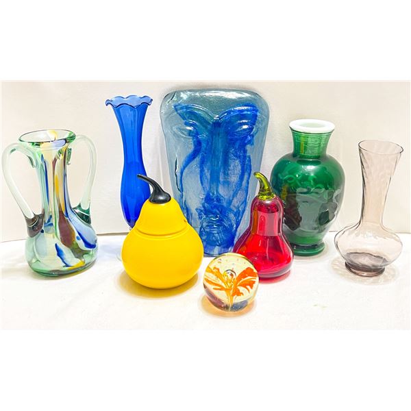 VIntage Glass including Murano Style Art Glass Vase, Flass Mask Sculpture & Millefiori Paperweight