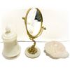 Image 1 : Vintage Italian Alabaster Mid Centure Vanity Set| Shell Dish, Bell Jar & Dolphin Mirror in Holywood 