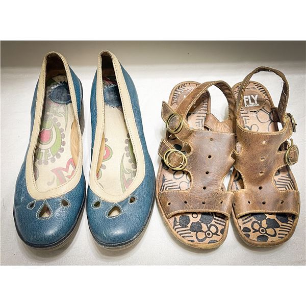 2 Pairs Fly London Women’s Shoes – Size 39, Blue Flats & Brown Leather Sandals
