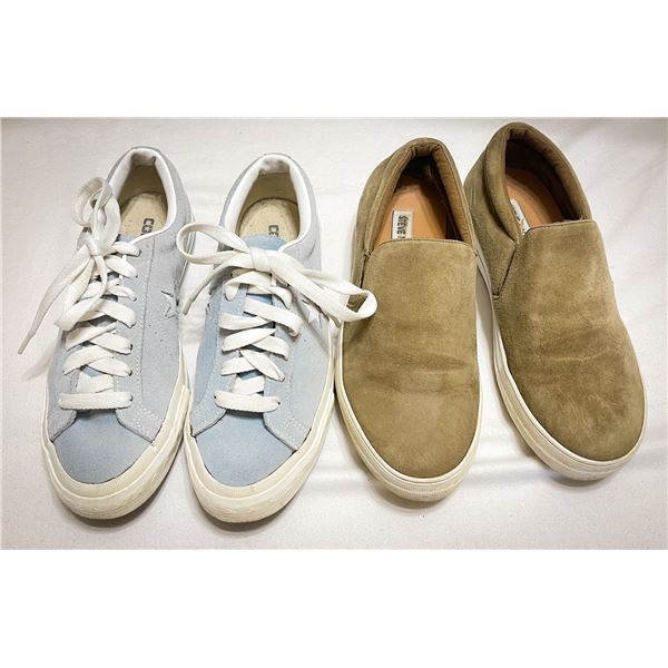 2 Pairs Suede Shoes – Converse Powder Blue Sneakers & Steve Madden Khaki Slip-Ons