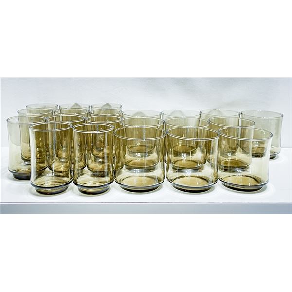 Set of Vintage Smoked Glass Barware – Lowball & Juice Glasses, 21 Pieces