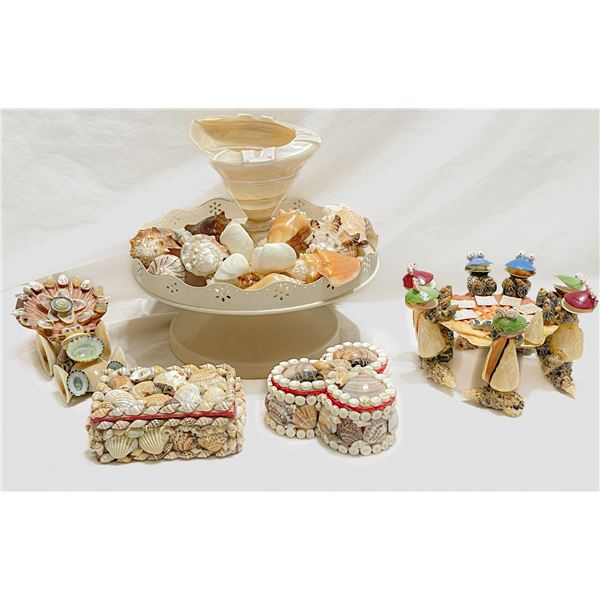 Mixed Lot of Vintage Seashell Art & Collectibles – Includes Ashtray, Dioramas, and Trinket 