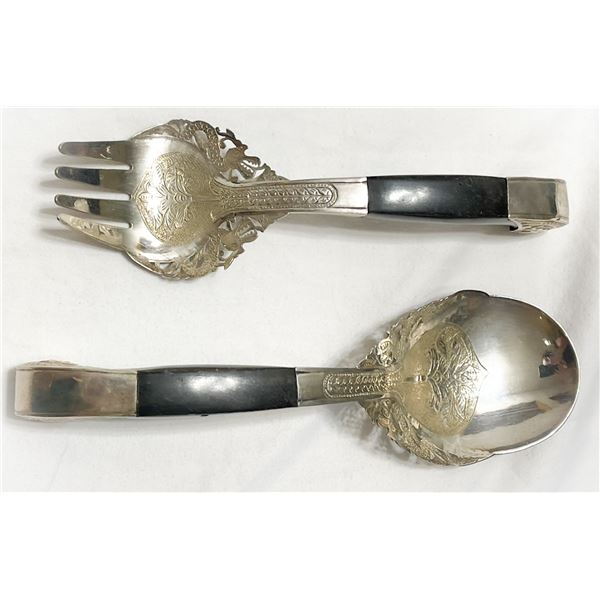 Antique Mohd Salleh & Sons Malaysia Silver and Bone Serving Spoon & Fork Set – Dragon Motif