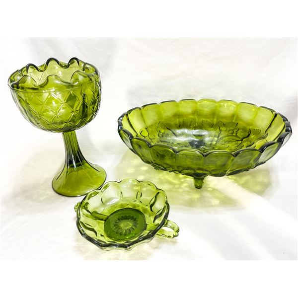 Vintage Green Glass - Indiana Glass Windsor Diamond Compote & Anchor Hocking Grape and Leaf Footed B