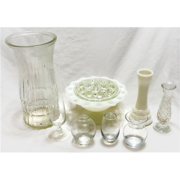 Vintage Glass Vase Collection – Milk Glass & Clear Glass Flower Frogs and Bud Vases