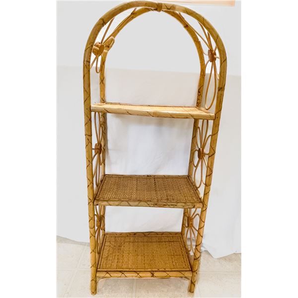 Vintage Rattan & Wicker Shelf – 1970s Boho Cane Etagere with Daisy Motif