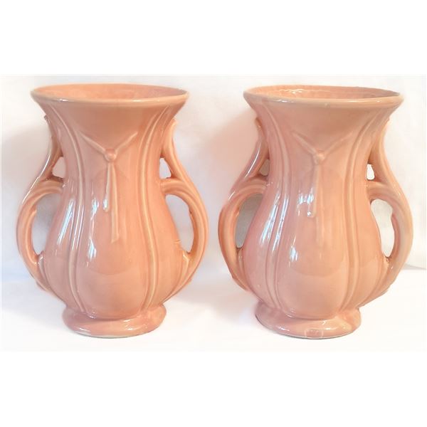 Pair of Vintage McCoy Pottery Vases – Coral Pink Double-Handled Art Deco Style