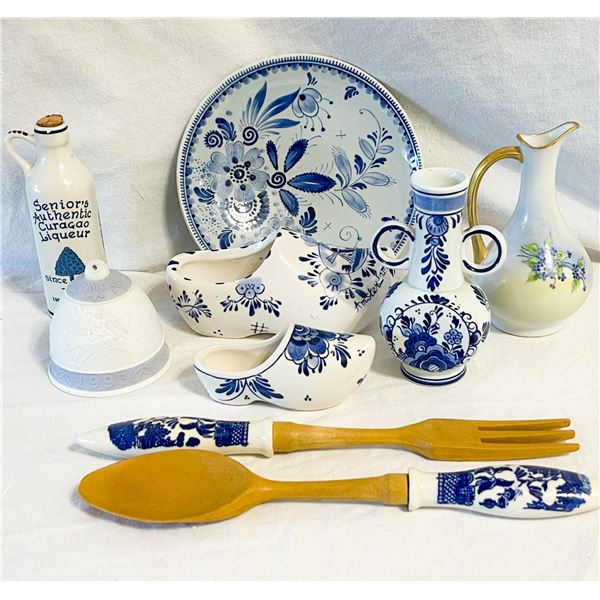 Blue & White Pottery Lot – Delft, Schoonhoven Plate, Lladró Bell, Handpainted Vase