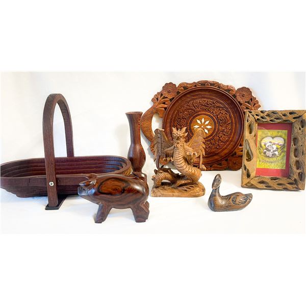 Vintage Eclectic wood carved items – Dragon, Pig, Swan, Basket & Inlaid Tray