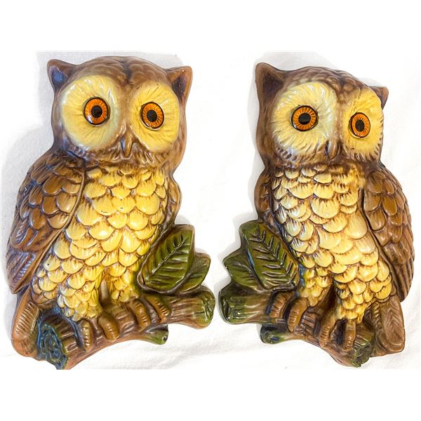 Vintage Chalkware Owl Wall Plaques – Pair