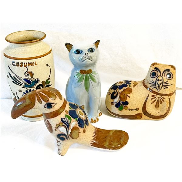 Lot of 4 Vintage Mexican Pottery Pieces – Tonalá Cat & Bird, Cozumel Vase & Blue Cat Figuri