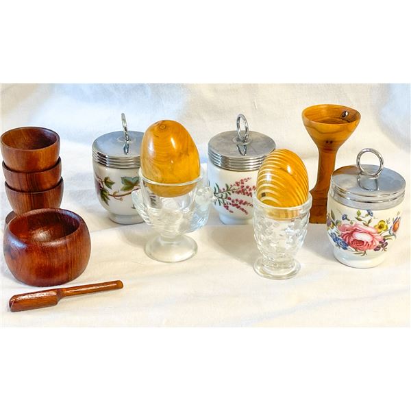 Eclectic Vintage Egg-Themed Lot – Egg Coddlers, Cups, and Wooden Eggs