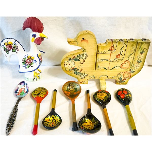 Folk Art Lot – Portuguese Rooster, Handcrafted Goose Candelabra & Painted Wooden Spoons