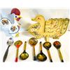 Image 1 : Folk Art Lot – Portuguese Rooster, Handcrafted Goose Candelabra & Painted Wooden Spoons