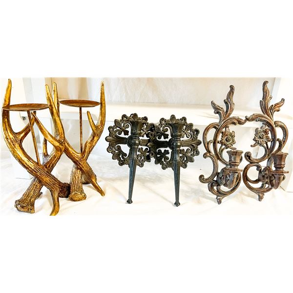 Lot of 3 Pairs of Vintage Candle Holders – Mid-Century Wall Sconces & Gold Antler Stands
