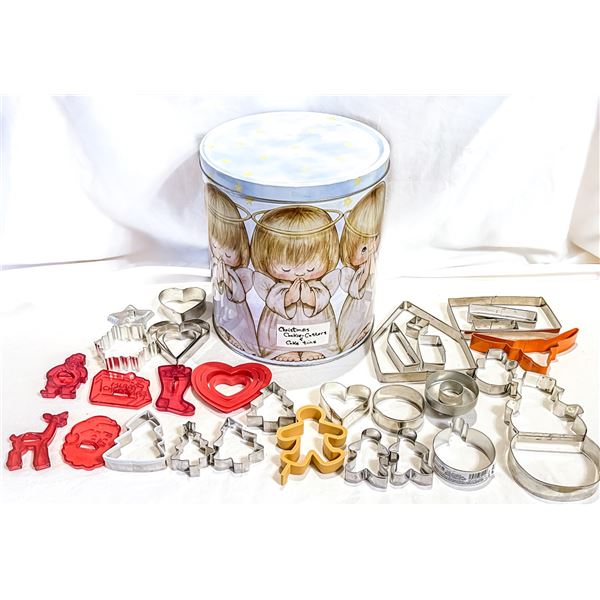 Vintage Angel Tin with Large Lot of Cookie Cutters – Christmas & Holiday Themes