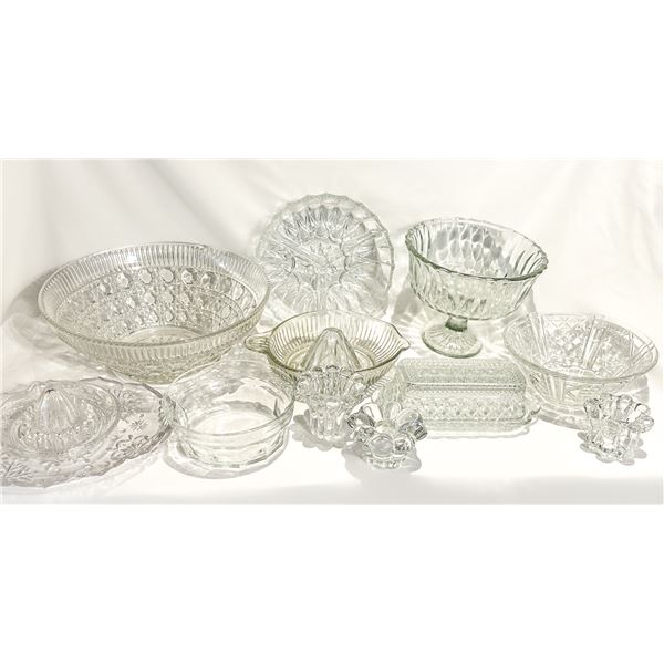 Large Lot of Mid-Century Pressed Glass – Juice Reamers, Butter Dish, Trifle Dish & More