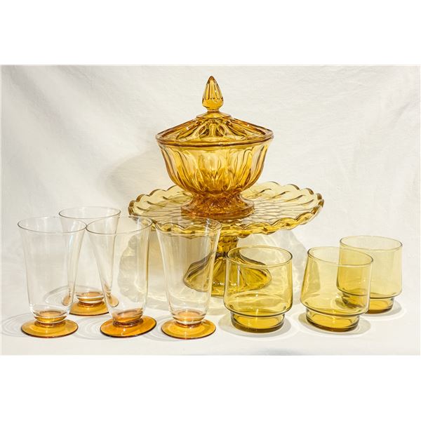 Vintage Amber Glass Lot – Cake Stand, Covered Candy Dish & Glass Sets