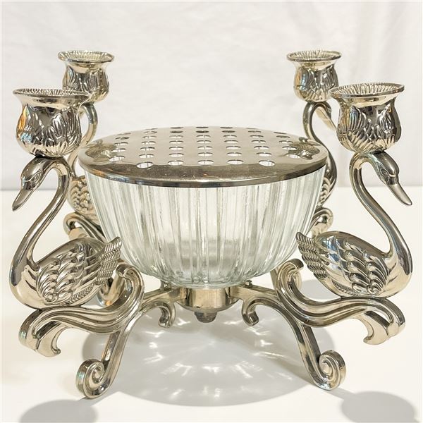 Vintage Swan Centerpiece Candelabra with Glass Flower Frog Bowl