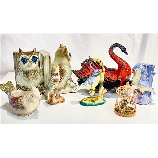 Vintage Ceramic Bird Figurine Collection – Owls, Parrots, Evangeline Canuck Swan
