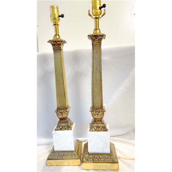 Pair of Vintage Brass & Marble Table Lamps – Hollywood Regency Style