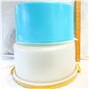 Image 1 : Pair of Vintage Cake Carriers – Tupperware & Retro Blue Dome (Unmarked)