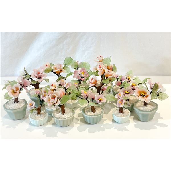 Set of Miniature Jade-Style Flower Trees in Celadon Pots