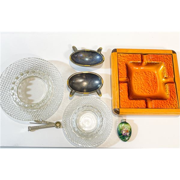 Mid-Century Mixed Lot – Amber Glass & Wood, Pair of Brass and Hobnail glass Ashtrays,plus C