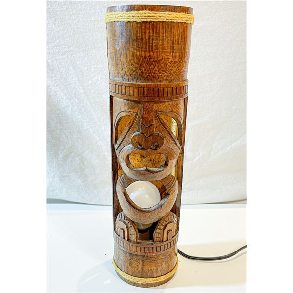 Hand-Carved Vintage Tiki Lamp – Bamboo Cylinder Design with Interior Light