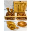 Image 2 : Vintage Mid-Century Wood & Bamboo Serving Lot – Compartment Bowls, Leaf Dish, Goblets, and 